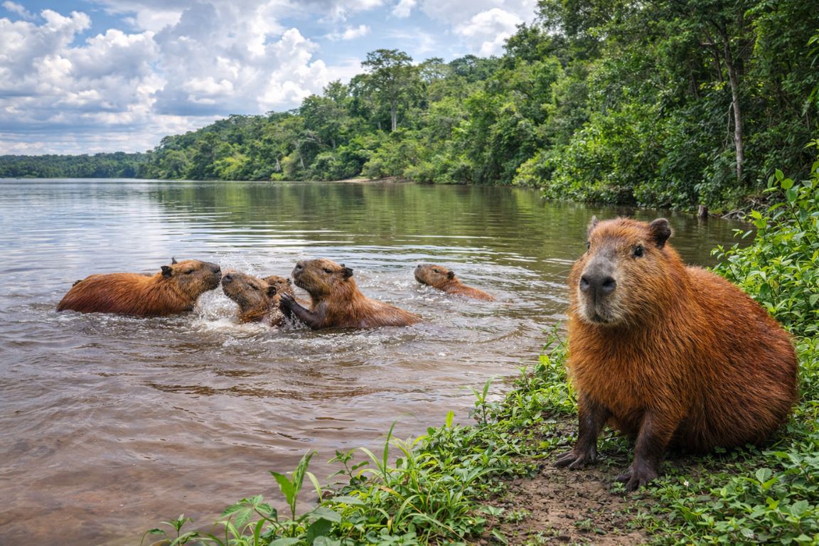 Wild capybaras resting and swimming near a rainforest river in the Brazilian Amazon.
