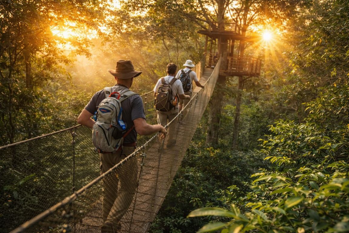 Sunrise rainforest trekking experience in the Amazon organized by Amazon Brazil Tours, with hikers exploring the jungle canopy on a suspension bridge during early morning wildlife hours.