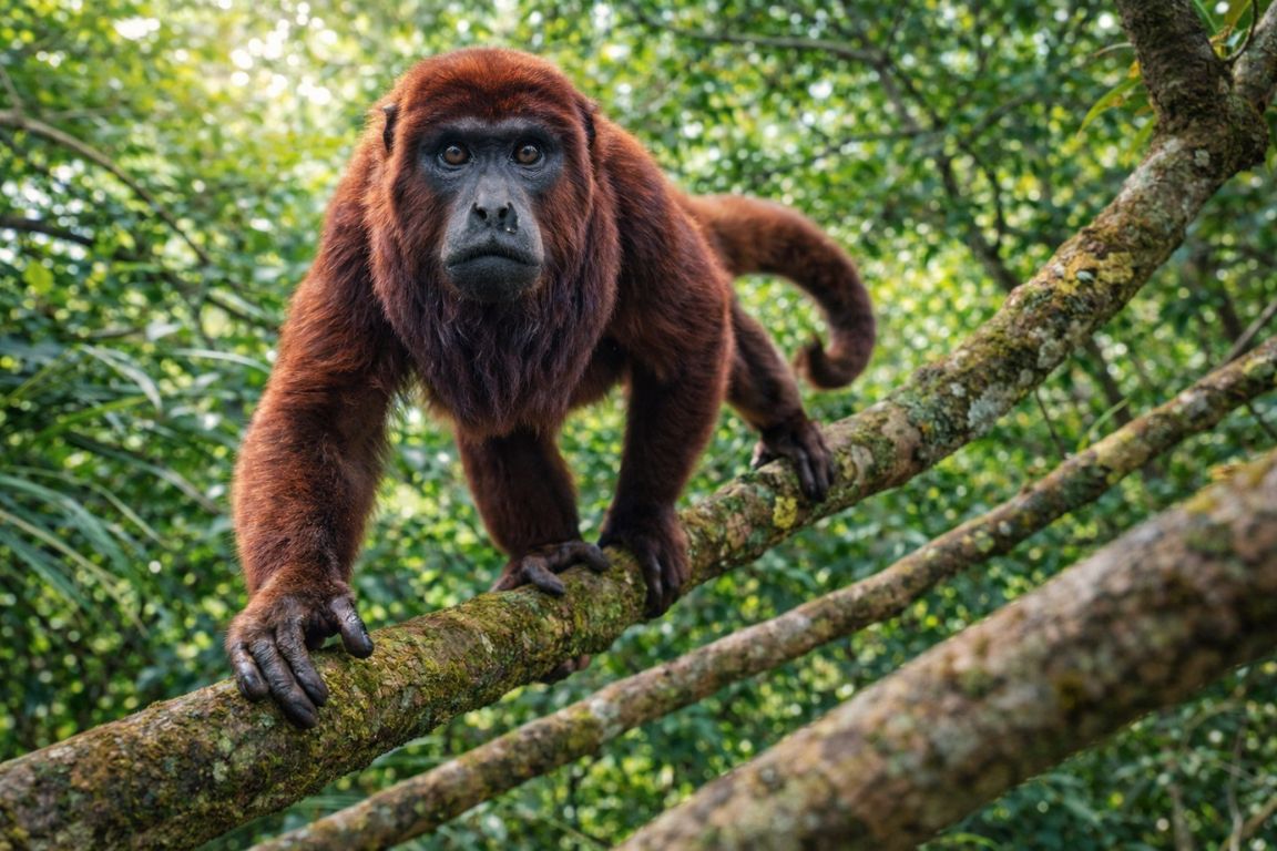 Howler monkey moving confidently through rainforest branches in the Amazon.
