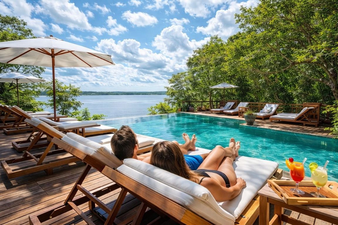 Premium Amazon rainforest lodge included in Amazon Brazil Tours packages.