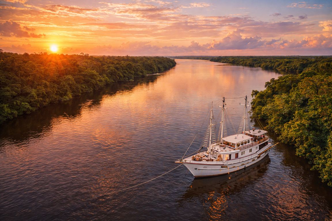 Golden sunset over the Amazon River and rainforest near Manaus, captured during an Amazon Brazil Tours River cruise