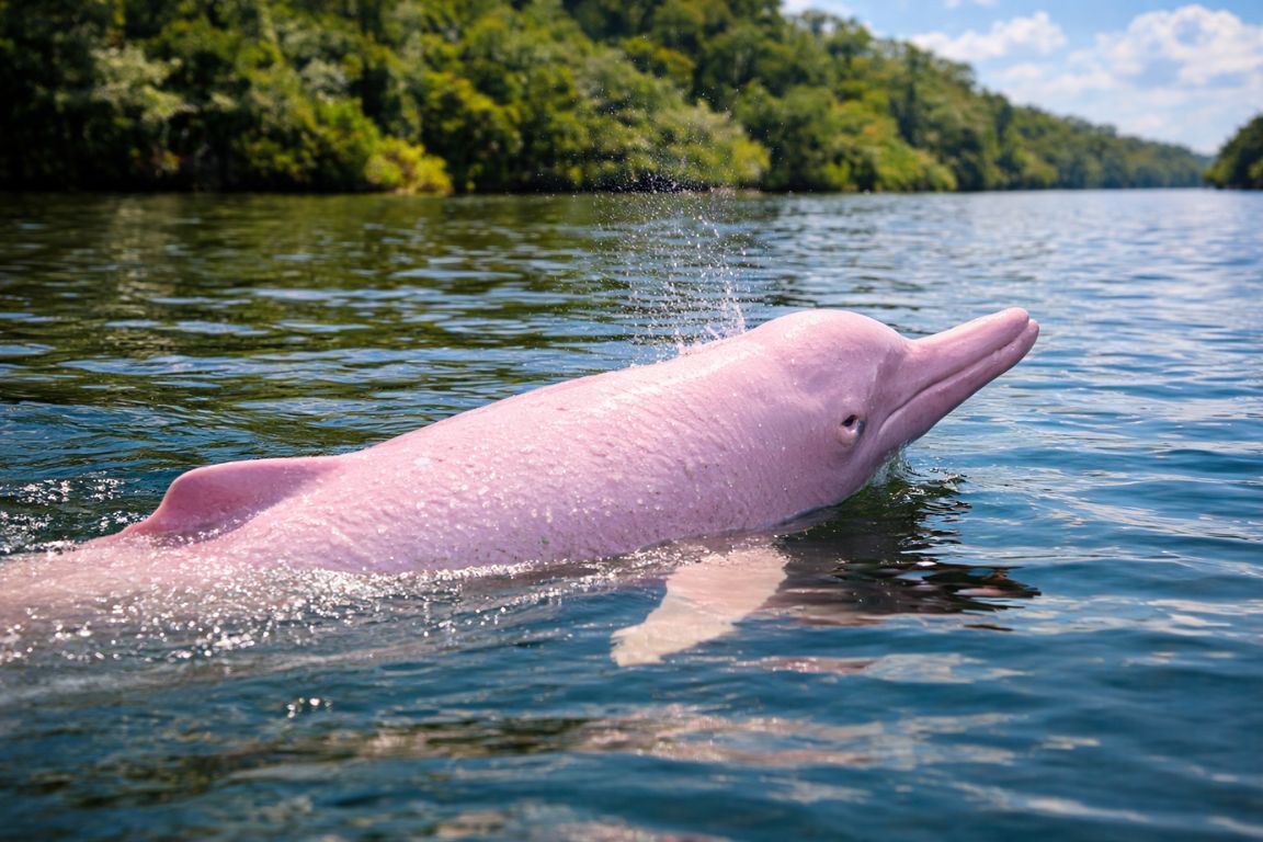 Rare pink river dolphin swimming in the Amazon River, captured during an Amazon rainforest tour with Amazon Brazil Tours