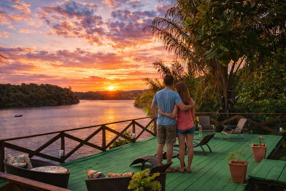 Romantic honeymoon moment at a luxury Amazon rainforest lodge with Amazon Brazil Tours