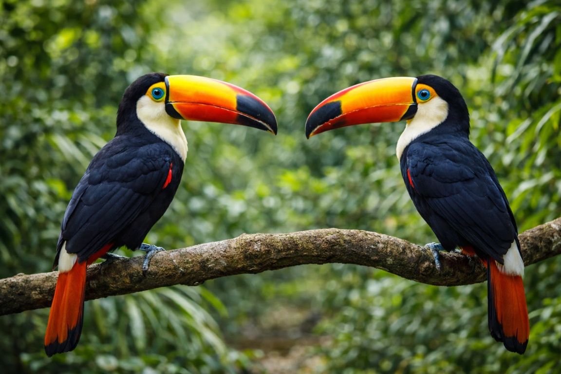 Toucans with vibrant orange beaks in the Amazon rainforest during a nature and wildlife tour organized by Amazon Brazil Tours